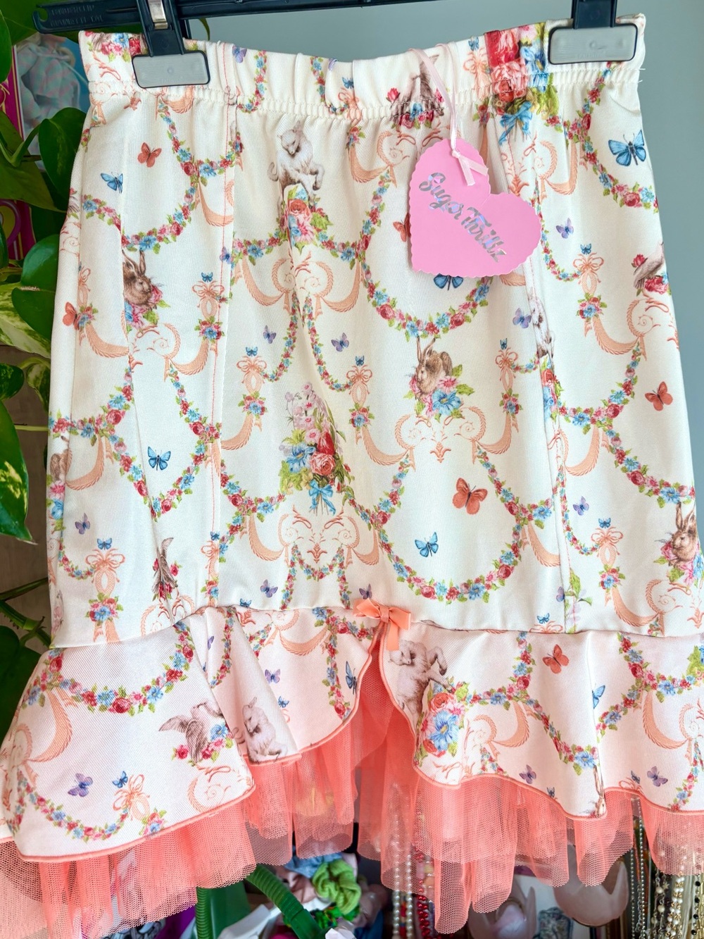 NWT Sweet Floral Ruffle Babydoll Coquette Midi Skirt with Orange Tulle Trim